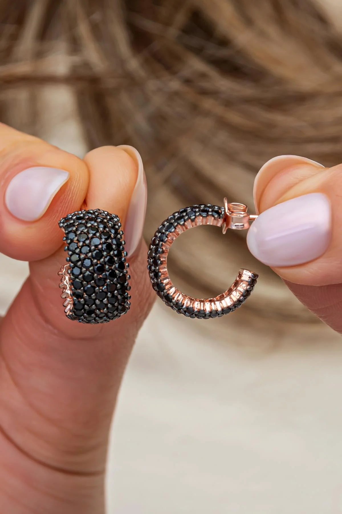 Black Stone Hoop Earrings