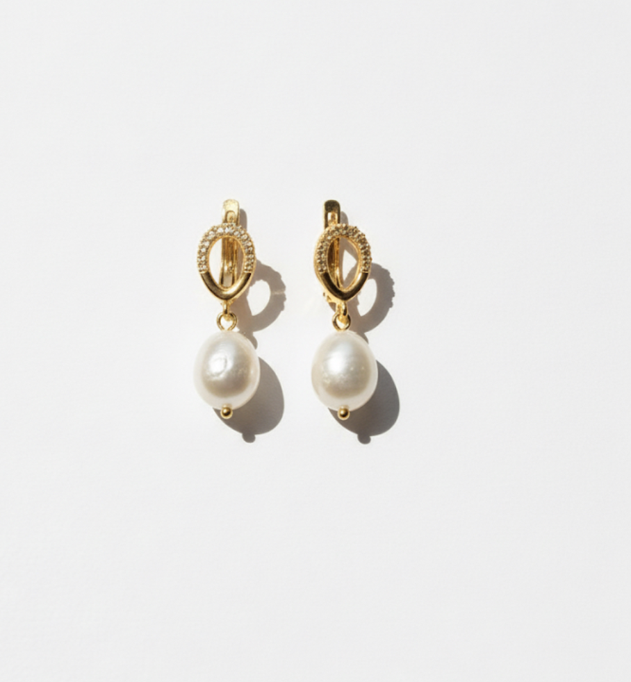 Gold Oval Pearl Drop Earrings