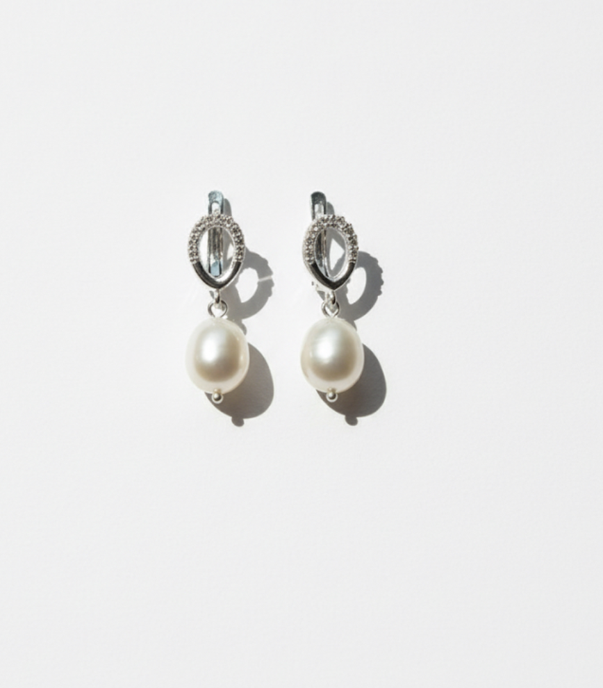 Silver Oval Pearl Drop Earrings
