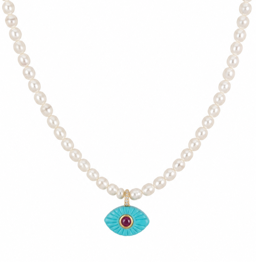 Turquoise Enamel Charm Pearl Necklace