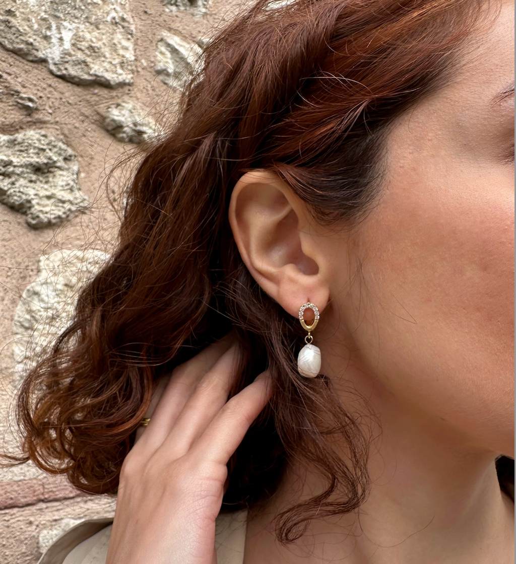 Gold Oval Pearl Drop Earrings