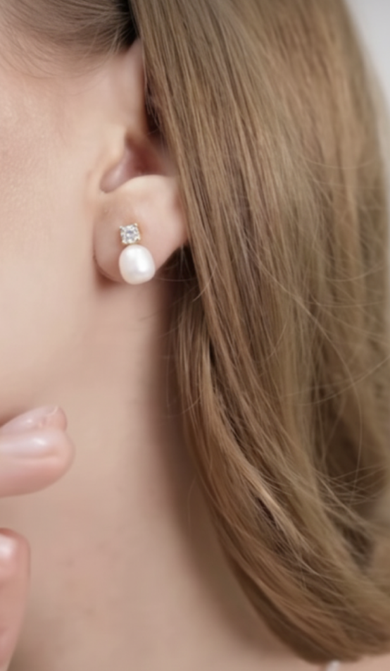 Natural Pearl and CZ Stud Earrings